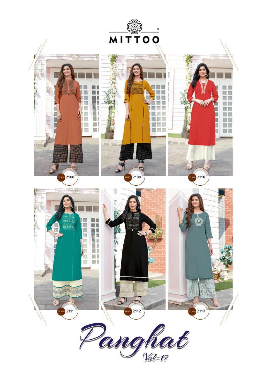 Mittoo Panghat 17 Heavy Rayon Latest Fancy Designer Ethnic Wear Embroidery And Hand Work Long Kurti  With Bottom  Collection